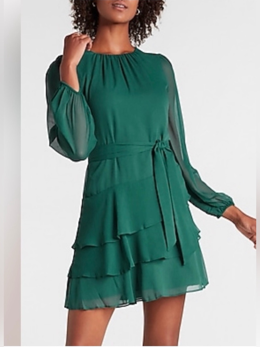 Express Dark Green Long-Sleeve Ruffle Tie-Waist Dress